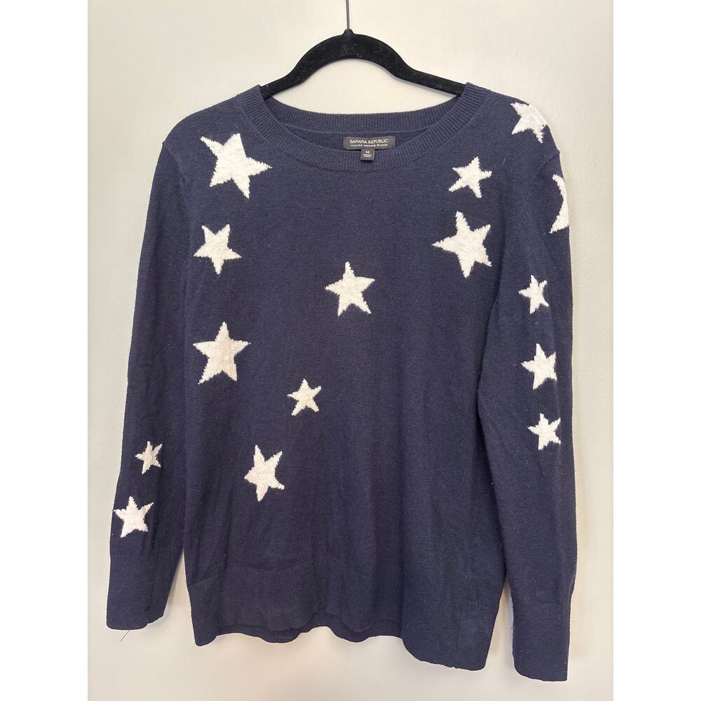 Banana Republic Womens Italian Merino Blend Crew Sweater Navy w/White Stars Sz M